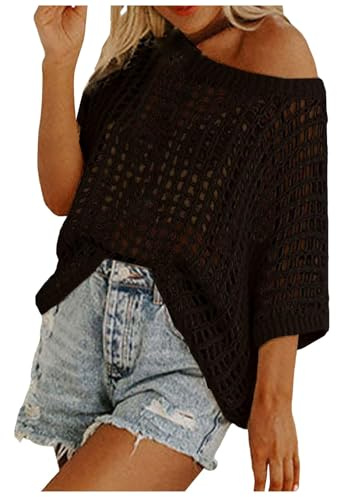 Generisch 2025 - Pull d'été pour femme avec col en U, manches courtes, décontracté, haut en tricot au crochet, pull, couverture de plage, chemisier pour femme en dentelle, Noir , XL