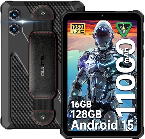 OUKITEL RT3 Plus Tablet Rugerizada - 8 Pulgadas Rugged Tablet Android 15, Batería 11000mAh, 16GB+128GB 1TB Ampliable, 16MP+8MP Cámara Tablets Gaming, Speakers 100dB/Dual 4G SIM/NFC/Face ID/GPS, Negro