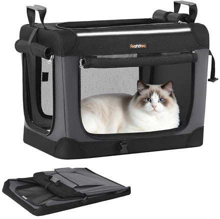 Feandrea Collapsible Dog Crate, Portable Pet Travel Crate for Small Dogs, 50 x 35 x 35 cm, Oxford Fabric Pet Carrier with Mesh Doors, Storage Pocket, Ink Black PDC015BH02