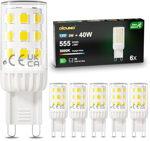 DiCUNO Lampadina LED G9 3W Classe B, Equivalente a 40W Alogena, Bianco Freddo 5000K, 555 Lumen, LED G9 a Basso Consumo e Durevole per Camera, Soggiorno e Cucina, Non Dimmerabile, 6 Pezzi