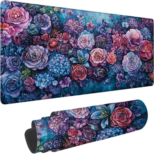 Mouse Mat 1400 x 700 x 3mm Large Mouse Mat Non Slip Rubber Base, Soft Textured Surface with Stitched Edges, Waterproof Desk Mat for PC, Laptop, Laser Mice for Office, Black Flower Printing xn-304