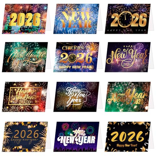Happy New Year Card 2026 Set, 12Pcs Greeting Cards with Envelopes, Multicoloured Various Fireworks New Year Cards, New Years Greeting Card for Families Friends Colleagues
