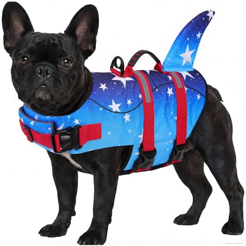 ASENKU Hundflytväst Storlek XS för små hundar, flytväst för hund Haj med säkerhetsgrepp, reflekterande remsor & D-ring, perfekt för simning, båt & strand