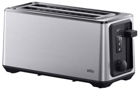 Braun Langschlitz-Toaster – 2 extralange Schlitze, 8 Bräunungsstufen, Auto-Zentrierung, Reheat+ & Defrost+, integrierter Brötchenaufsatz, EasyGrab, Schwarz (HT5220BK)