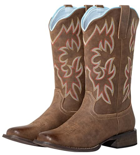 J's.o.l.e Square Toe Cowboy Boots for Women - Wide Calf Mid-Calf Western Fashion Cowgirl Boot with Classic Embroidery Brown
