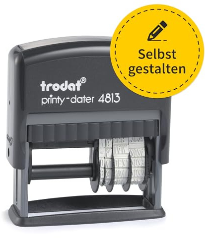 Trodat Printy Dater 4813 Tampon dateur Plaque texte personnalisable avec texte et rouleau de date Date réglable jusqu'au 31 décembre 2036 (26 x 9 mm, 2 lignes)