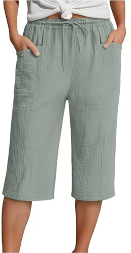 Generiska muslinbyxor, dam, 3/4, sommar, linnebyxor med elastisk linning och fickor, lätta strandbyxor, capribyxor, stretch, korta storlekar, fritidsbyxor, linne, shorts, S–5XL, 05, M