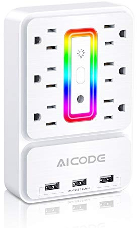 Multi Plug Outlet Extender,AICODE 6 Outlet Surge Outlet Protector with 3 USB Charger(3.2A Total),Wall Outlet Plug Electrical Outlet with 6 Ambient RGB Light , Plug Extender for Home,Office,Dorm,Hotel