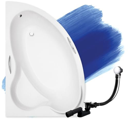 BADLAND Badewanne Original Weiß Acryl Wanne Eckbadewanne ADA 140x90 Links KOMPLETTSET SET + Handgriffen + Füßen und Exklusive Chrom Automatik Ablaufgarnitur Made in EU 4in1