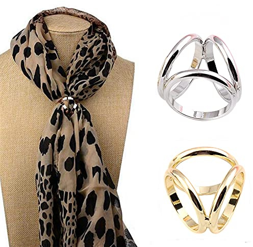 QUUPY Lot de 2 boucles de foulard à trois anneaux pour femme, broche en soie pour foulard, clips pour vêtements (argent + doré)