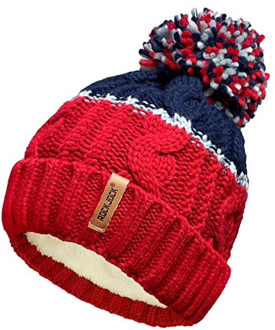 Unisex Herren Damen Warm Winter Chunky Color Block Ski Bommel Bommelmütze mit Kuscheligem Thermo Teddy Fleece Liner