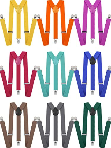 Handepo 9 Pieces Y Back Style Unisex Suspenders Adjustable Elastic Suspenders for Men Women Rainbow braces with Clip for Pants(Bright Color)