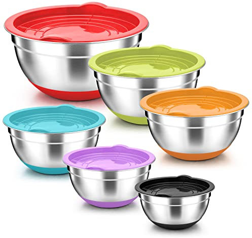 Onader Mixing Bowl Set of 6, Stainless Steel Nesting Salad Bowl with Airtight Lids & Non-Slip Silicone Base, Metal Serving Bowl for Baking/Cooking/Food Prep, Size 0.7/1.2/1.6/2.5/2.8/4.6QT - Colorful