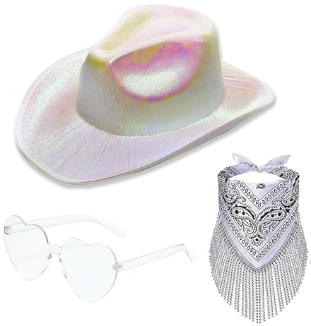 ZOOMPIL Sombrero de Vaquero Blanco con Bandana y Gafas de Amor, Sombrero Cowgirl de Fieltro Ajustable - Antideslizante y Estable, Ideal para Despedida de Soltera, Fiesta de Disfraces
