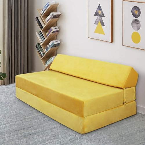 Panana Lightweight and Comfy Lazy Z Bed Deluxe Futon Fold Out Sofa For Adults Kids Children Double Folding Mattress Sleepover Chair Living Room Bedroom Toddler Furniture (Yellow, Double)