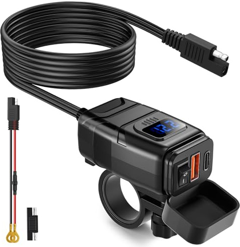 ZEXMTE Motorcykel USB-laddare, 6,4 A dubbel USB typ C PD & Quick Charge 3.0 med voltmeter och på/av-brytare, vattentäta motorcykeltillbehör för telefon, surfplatta, GPS, etc