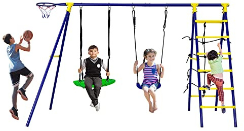 GYMAX Altalena per Bambini 5 in 1 con Struttura in Metallo, Altalena a Nido d'Uccello, Parete da Arrampicata, Canestro da Basket e Scala da Arrampicata, Set di Altalene per Parco, Giardino, Cortile