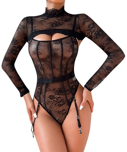 Ensemble Lingerie Femme 2 Pieces Body Femme Sexy Chic Dentelle Dos Nu avec Porte jartelle Teddy Bodysuit Transparent Femme Bretelles sans Manches Haut Court Femme Crop Top Manche Longue (Black, M)
