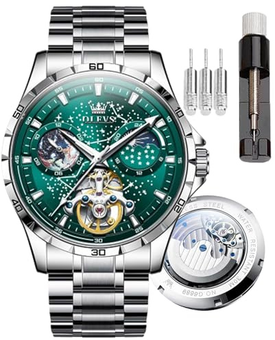OLEVS Reloj de pulsera automático para hombre, diseño de esqueleto de cielo estrellado, Tourbillon, cuerda automática, resistente al agua y luminosa, correa de reloj de precisión de acero inoxidable,