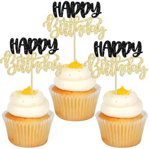 Gyufise 24Pcs Happy Birthday Cupcake Toppers - Glitter Double Layer Cupcake Picks for Celebrating Baby Shower, Kids, Boys, Girls Birthday, Anniversary Party Decorations Supplies - Black, Gold