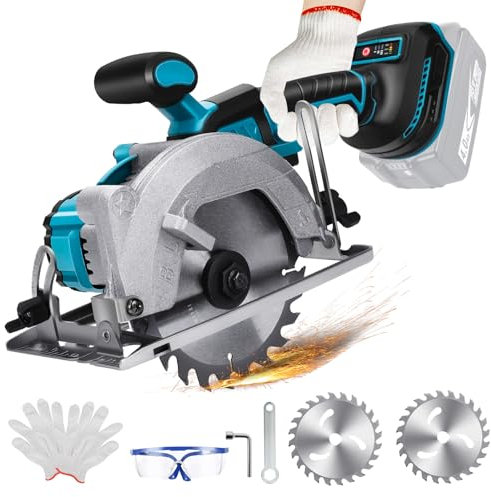 Sierra circular con batería compatible con batería de litio Makita de 18 V, sin escobillas, minisierra circular de mano con 2 hojas de sierra (140 mm), con corte diagonal, 6200 rpm, ideal para cortar