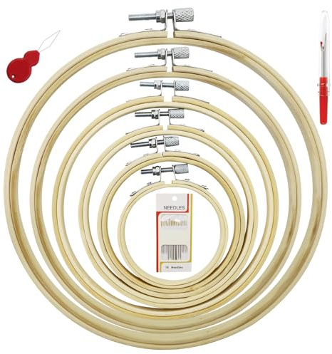 Lot de 6 cadres à broder ronds en bambou, avec 1 séparateur de point de croix et 1 enfile-aiguille, cercle en bambou pour point de croix, pour couture artisanale