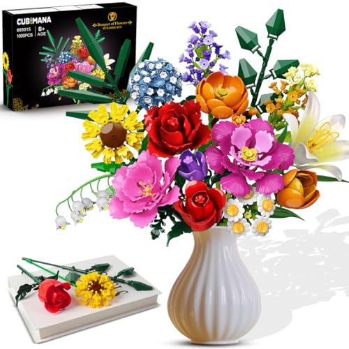 CUBIMANA Kit de construction de bouquet de fleurs - Ensemble de 1000 pièces, Bouquet de fleurs artificielles, Cadeau botanique pour la Saint-Valentin pour elle et lui, 15 blocs de construction de