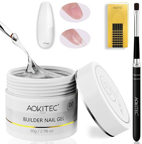 Aokitec Builder Nail Gel Set - 60g Gel per Estensione Unghie Trasparente Set Manicure per Miglioramento Unghie con 100 Dischetti per Unghie e Pennello per Unghie Acriliche per Principianti