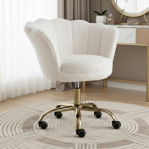 chairus Homeoffice-stol, snurrstol av konstpäls skrivbordsstol höjdjusterbar kontorsstol med blombladsryggstöd, förgylld fot, stol för sovrum/sminkbord, vit