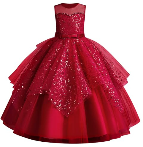 IWEMEK Enfant Fille Robe Ceremonie Mariage Longue Carnaval Tutu sans Manches Robes Bapteme de Communion d'anniversaire du Soir Communion Anniversaire Fête Robe de Mariée Rouge 160