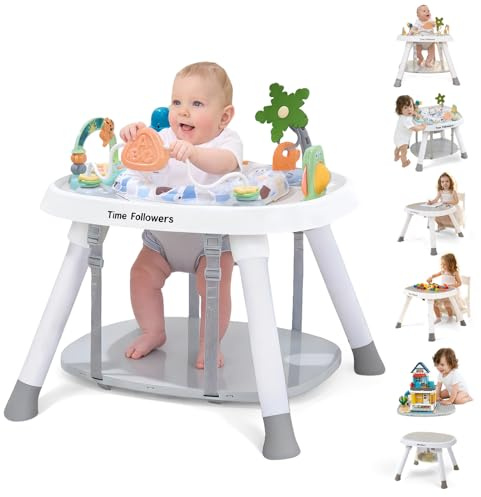 Time Followers® 6-in-1 Baby Activity Center | 4 Stage Montessori-Inspired Toys | Grow Stationary Standing Toddler Table | Jumpers & Bouncers | Must Have for Boy & Girl 6, 12, 24+ Month Old (White)