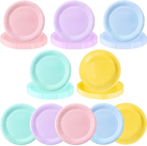 Zhehao 100 Pcs Pastel Disposable Paper Plates 9 Inch Rainbow color Disposable Plates Pastel Rainbow Party Decoration for Birthday Picnic Spring Wedding Baby Shower