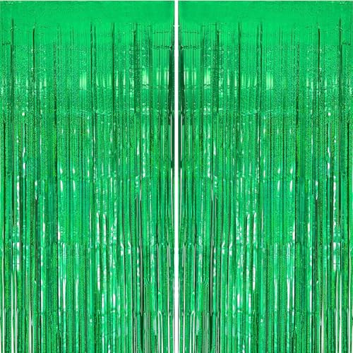 carve ideas Confezione 2 Tende Metallizzate a Frange, Decorazioni per Compleanno, Matrimonio, Baby Shower, Natale, Party (1 x 2,5 m, Verde)