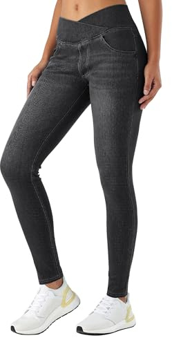 LaiEr Mujer Skinny Jeans V Cruzada de Cintura Alta Barriga Casual Fitness Leggings, Soft Stretch Casual Faux Denim Print Laterales Adecuado para Deportes y Ocio,con Bolsillos .Gris Oscuro,L