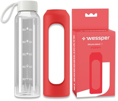 Wessper glasflaska med silikonhölje, borosilikatglasflaska med tidsangivelse 1 liter, sportflaska Perfekt för fitness, skola, sport, barn, BPA-fri drickmotivation – Röd