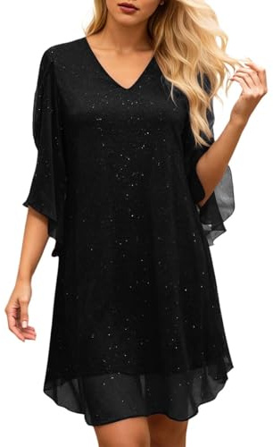Celanisai - Vestido de mujer para Navidad, elegante y formal, con lentejuelas, mini, mangas de murciélago, brillante, túnica, con escote en V, vestido de cóctel elegante, monocromático, vestido de