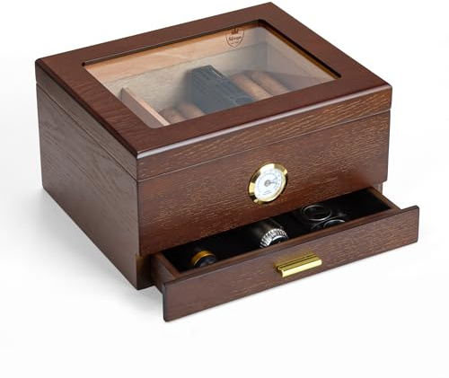 Slege Humidor de Puros, Humidor Puros Cubanos, Humidor con Cajón y Tapa de Cristal, Estuche Puros de Cedro Español, Humidificador, Divisor, Higrómetro, Regalo Hombres, Accesorios Puros