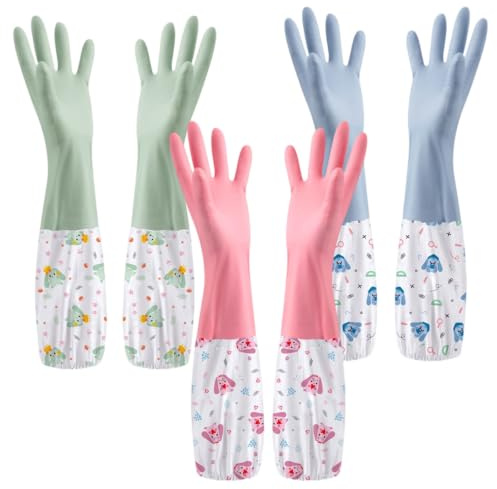 LuminaryLair 3 Paires Gants de Ménage Réutilisables avec Doublure en Coton | 47 cm Longs Gants de Nettoyage de Cuisine, Gant de Ménage Au Design Floral pour La Vaisselle, Le Lavage Des Légumes, Menage
