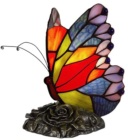 ADM - 'Schmetterling' - Nachttischlampe mit geschweißtem Glasschirm, Tiffany-Verarbeitung und mit bronziertem Harzfuß - Mehrfarbig - H22 cm