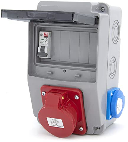 Distributore di prese ELS Elektrotechnika distributore di corrente da cantiere Schuko 2x230V + interruttore automatico 1x LS C16, 1x CEE 16A (senza fusibile) cablato, per officine e fabbriche IP54