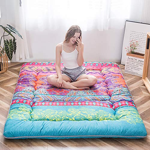 MAXYOYO Colchón de suelo bohemio retro vintage floral japonés, colchón enrollable, cama gruesa para dormir, colchón portátil de camping, tumbona de suelo, sofá cama (bohemio B, doble)
