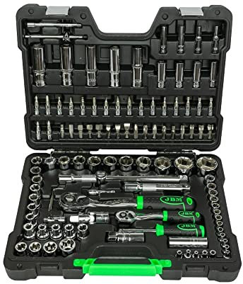 Partenopea® Valigetta Utensili Professionale 108 Pezzi serie di chiavi a Bussola Esagonali Cromate, torx Cricchetti, Prolunghe, Kit Attrezzi per Auto, Officina Fai-da-Te con attacchi 1/2 e 1/4