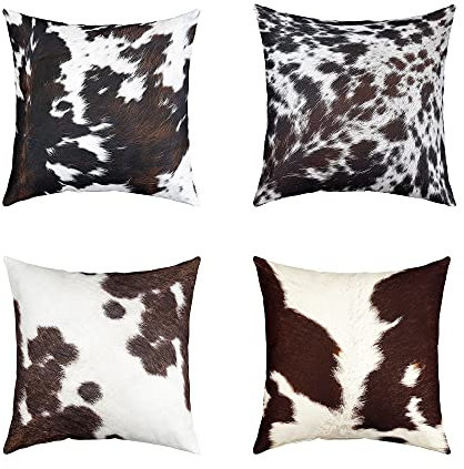 Kuhfell Kissenbezüge 50x50 Set von 4 Schwarz Weiß Kuhfell Wurfkissenbezüge Western Kuhfell Haut Bauernhof Tier Dekorative Akzent Kissenbezüge für Bett Heim Büro Auto Wohnzimmer Weich Reversibel