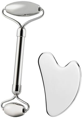 Set Gua Sha + Roller Acciaio inox 304 | Kit Massaggio Rullo e Pietra GuaSha in Metallo Effetto Freddo | per il Viso, Corpo, Doppio mento, Occhi, Schiena, Cellulite, Gambe stancche