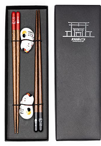 Wood Chopsticks Set with Ceramic Panda Rest (Lucky Cat)