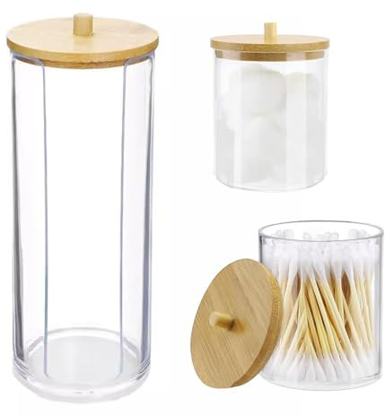 Orssmigs 3er Set Runde wattepadspender und Wattepads Aufbewahrung, Wattepads Apothekergläser mit Bambusdeckel, Ohrstäbchen Behälter Aufbewahrung für Badezimmer-Aufbewahrung, Zahnseide Organizer