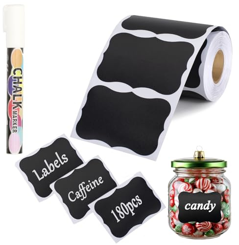 NANXJIUR 180 Pcs Chalkboard Labels, Reusable Blackboard Stickers with 1 Liquid Chalk Marker, Waterproof Chalkboard Stickers for Mason Jars, Parties Decoration, Craft Rooms, Weddings, Storage