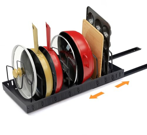 XIAPIA Porta Padelle e Pentole, Porta Coperchi Pentole, Supporto per Pentole e Coperchi con 8 Divisori Regolabili, Rack Organizzatore di Pentole per Armadio
