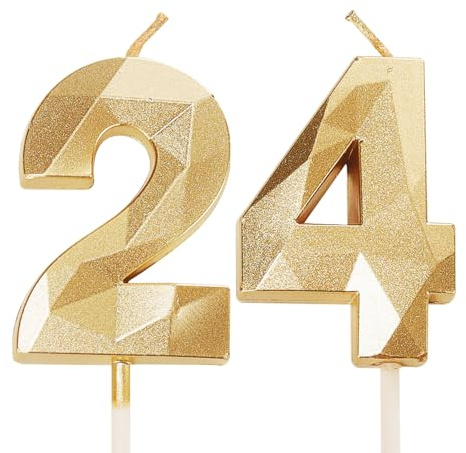 Velas de cumpleaños número 24, velas doradas con el número 24 feliz cumpleaños, decoración de pastel para niños y niñas ella él, para fiesta de cumpleaños de 24 años, boda, aniversario, celebración