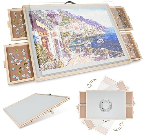 1500 piezas 2 en 1 tablero de rompecabezas inclinable y giratorio para adultos, mesa de rompecabezas de madera con 4 cajones de 64 x 87 cm, tablero portátil con Lazy Susan y cubierta